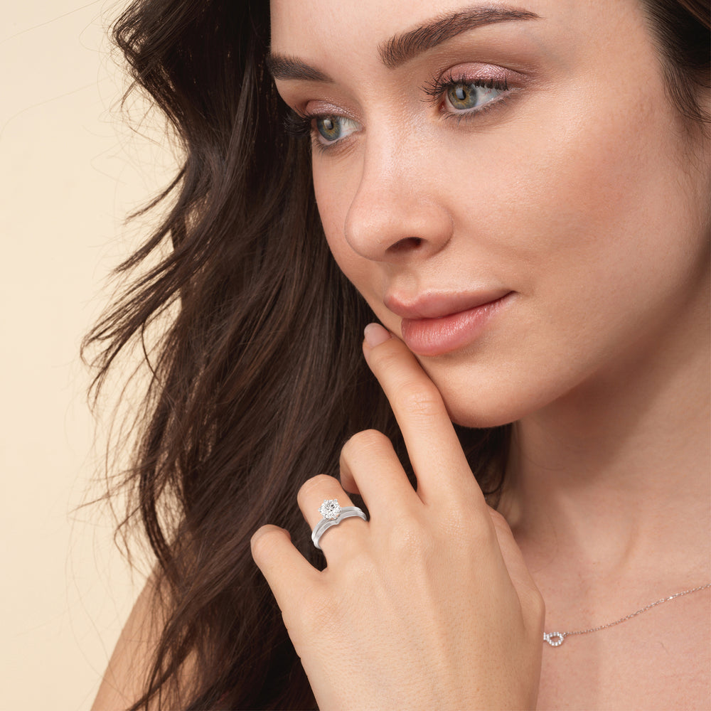 Model Wearing Six Prong Knife Edge Wedding Band view