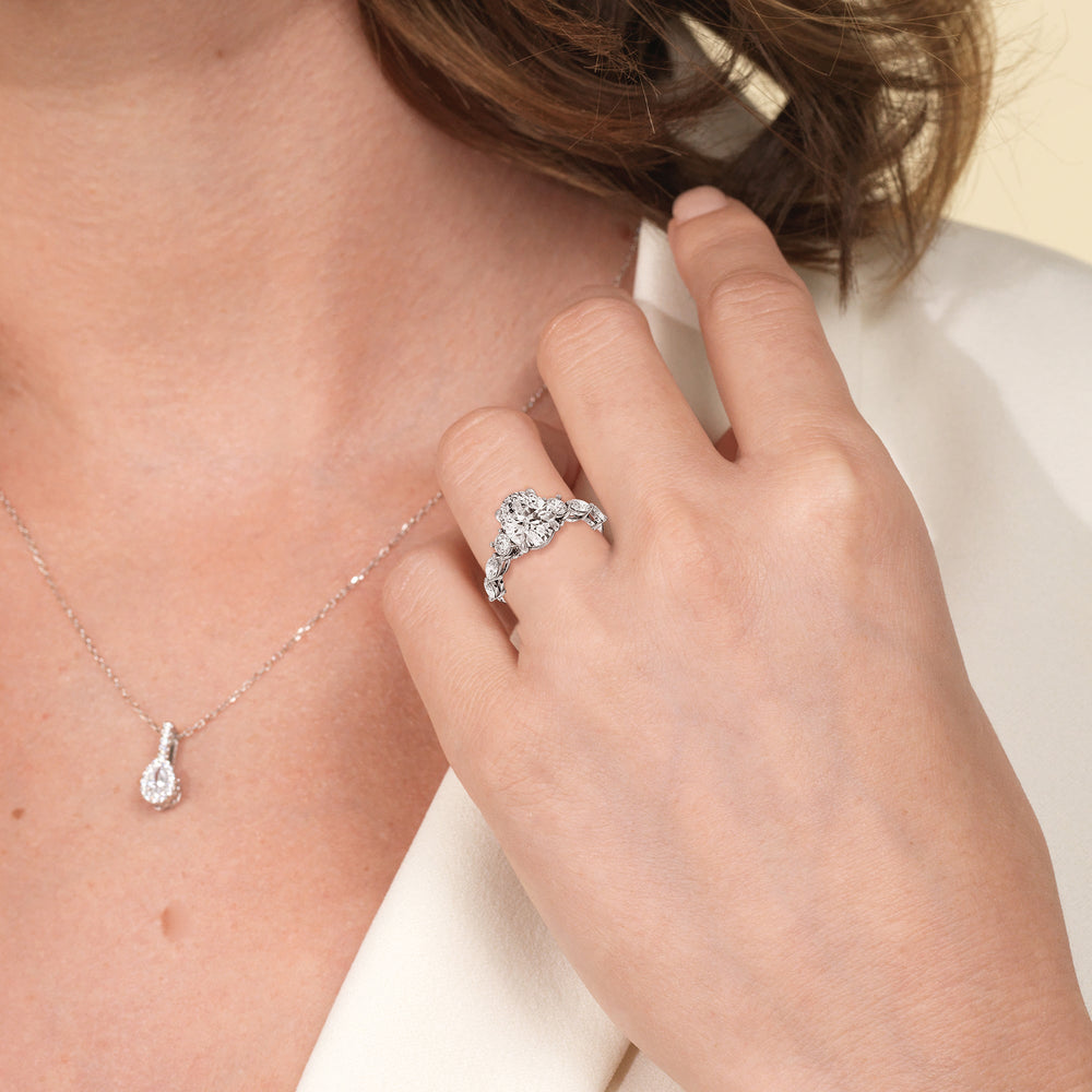 Model Wearing Fancy Cut Side Stone with Bridge Accent Engagement Ring view