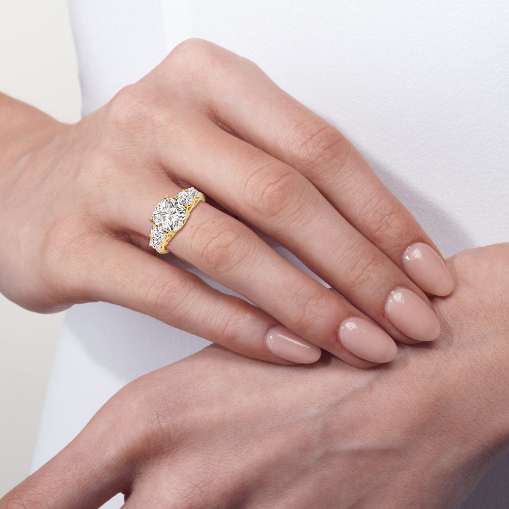 Model Wearing 5.75ct Round Trellis Basket Side Stone Lab Diamond Engagement Ring view