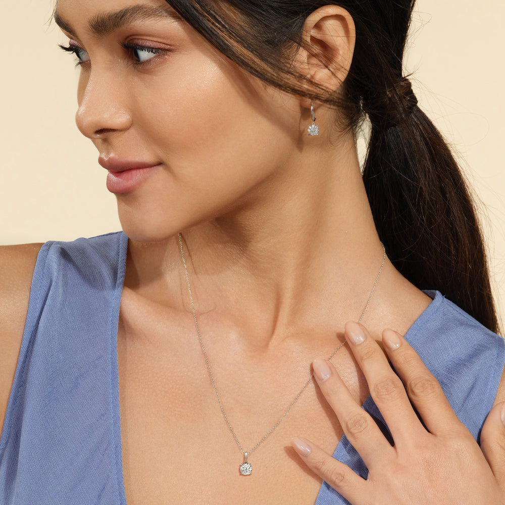 Model Wearing Knife-Edge Bale Round Lab Created Diamond Solitaire Pendant view