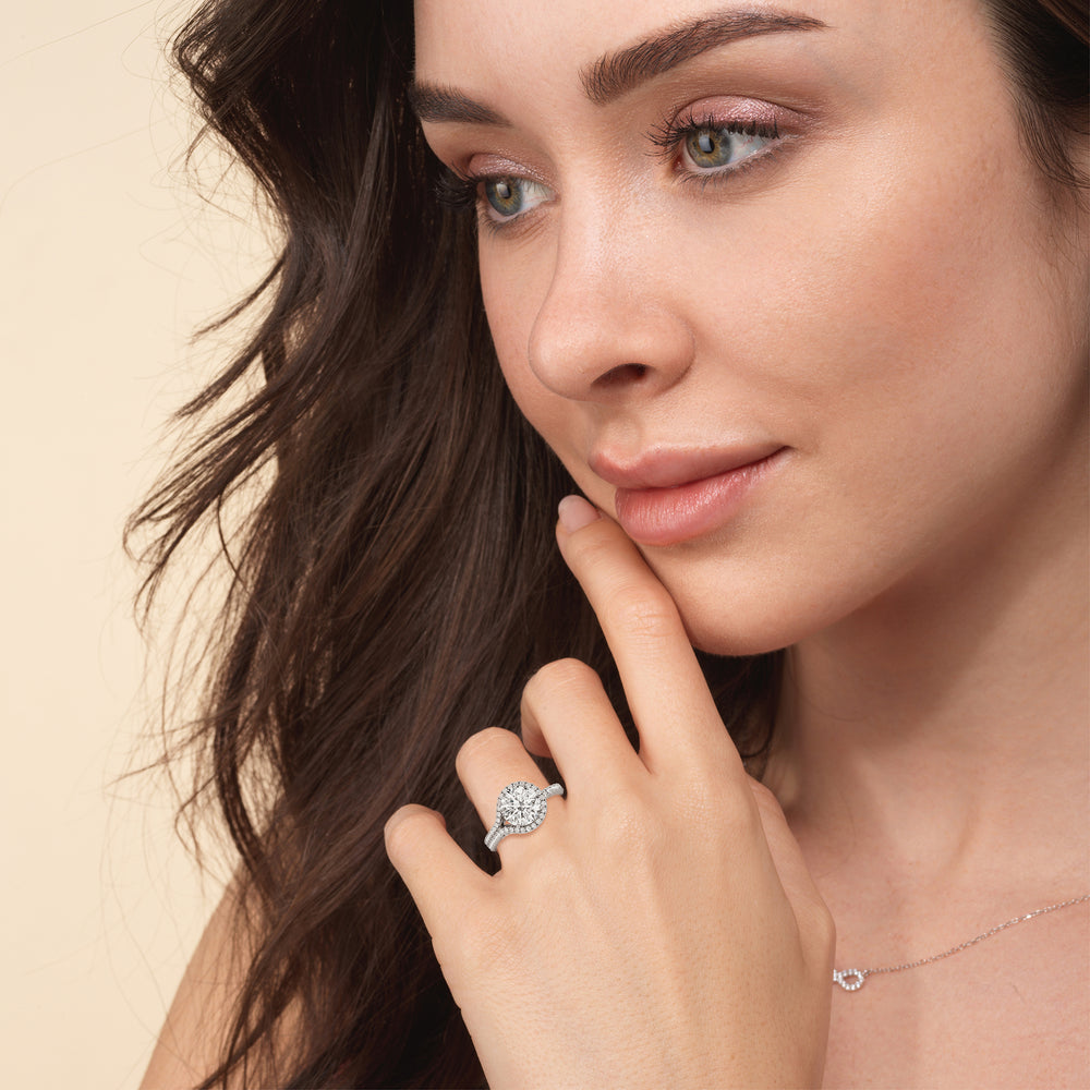 Model Wearing Ascending Wrap-Around Hidden Halo Engagement Ring view