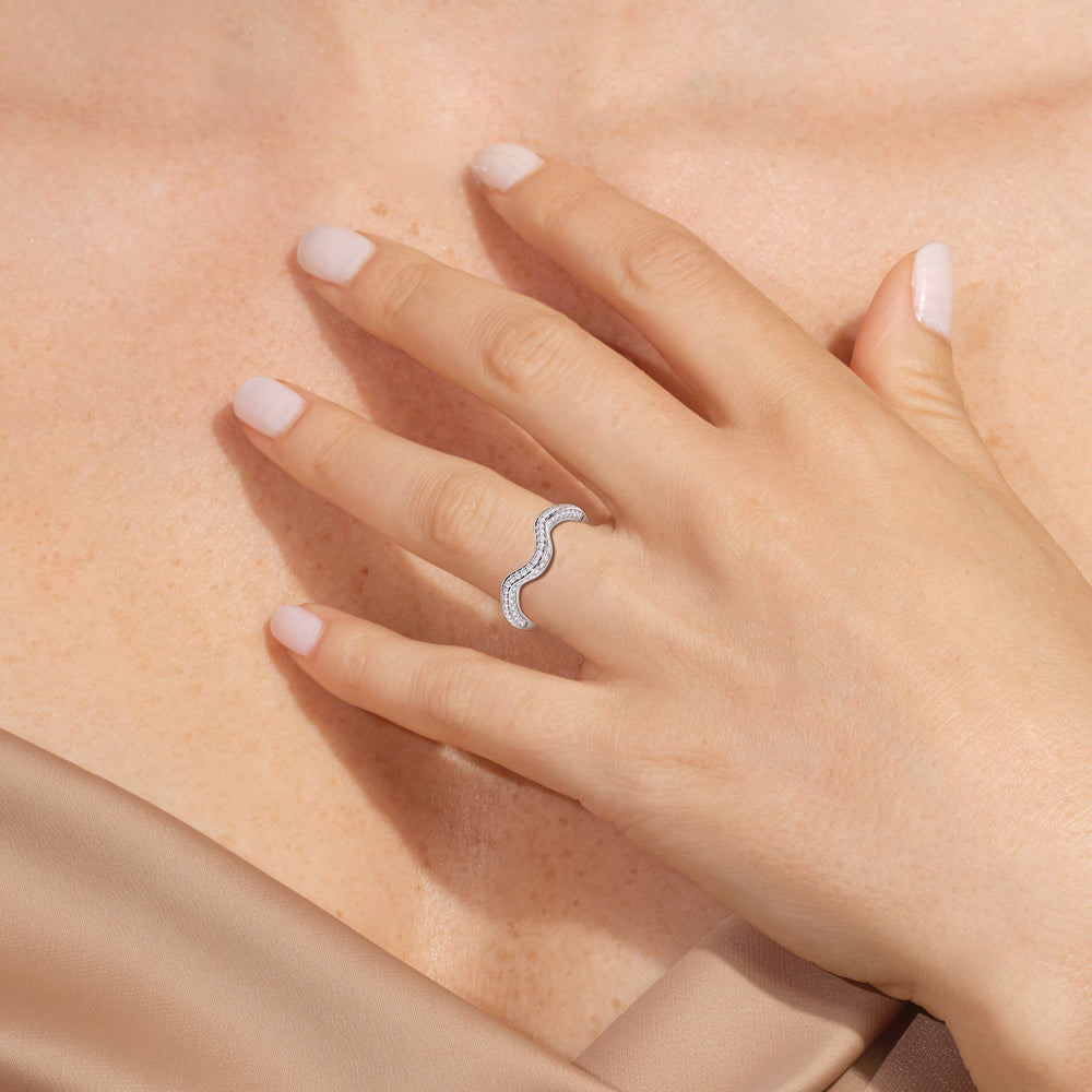 Model Wearing Elegance Hidden Halo Cross Bridge Basket Diamond Wedding Band view