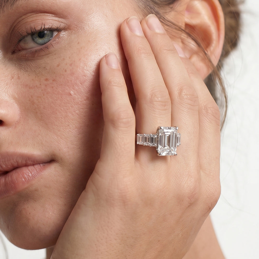 Emerald Cut Elegance Emerald Accent Hidden Halo Engagement Ring with Lab Grown Diamond in 14KT White & Rose Gold view 2

