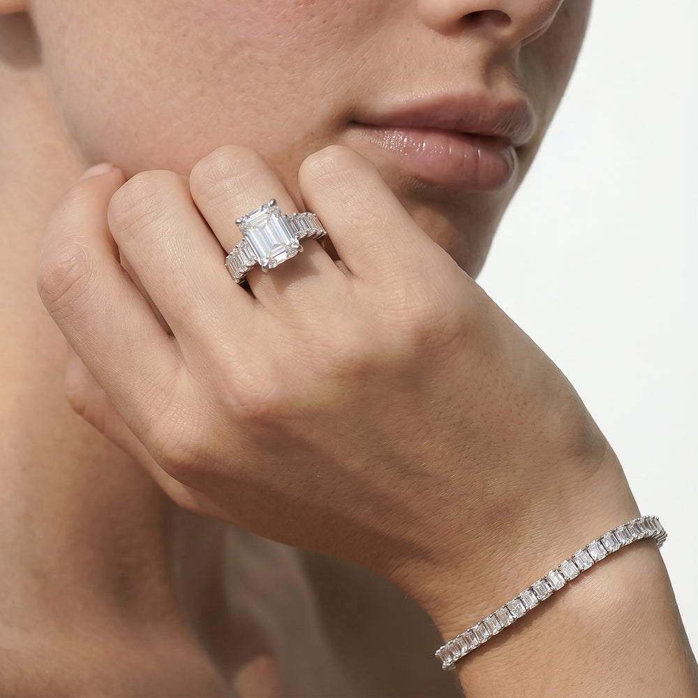 Asscher Cut Elegance Emerald Accent Hidden Halo Engagement Ring with Lab Grown Diamond in 14KT Platinum view 3
