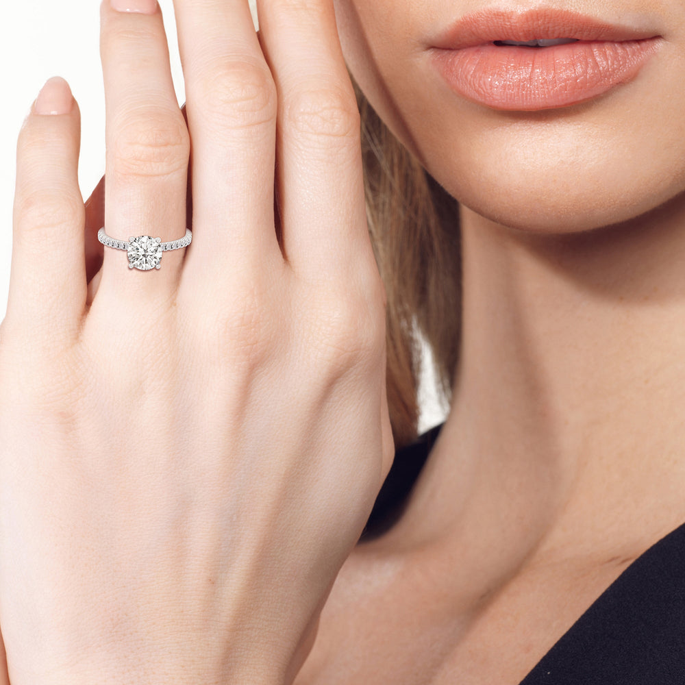 Model Wearing 4.25ct Round Fine Vela Classic Pave Diamond Engagement Ring view