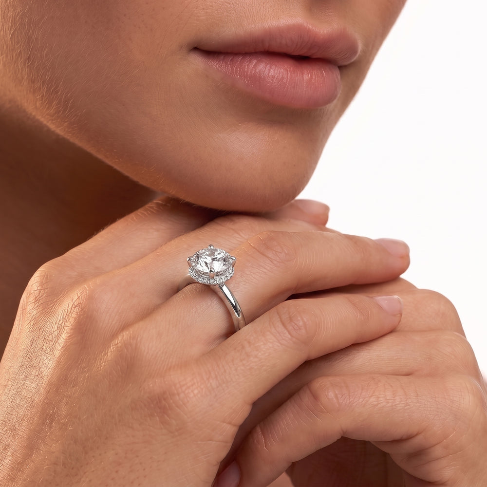 Petite Modern Fine Line High Hidden Halo Solitaire Ring with Emerald Cut Diamond in 14KT Rose Gold view 2
