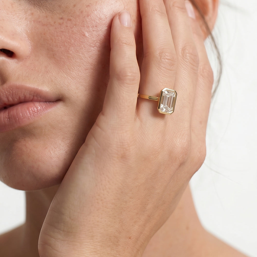 Emerald Cut Fine Bezel Solitaire Engagement Ring with Lab Grown Diamond in 14KT Platinum view 2
