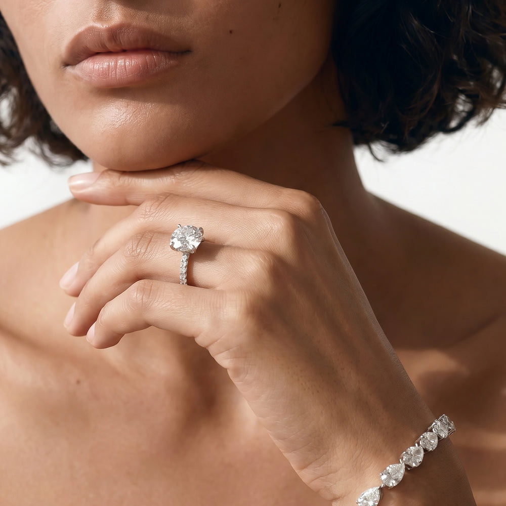 The W Pavé Engagement Ring with Cushion Cut Diamond in 14KT Rose Gold & Platinum view 4
