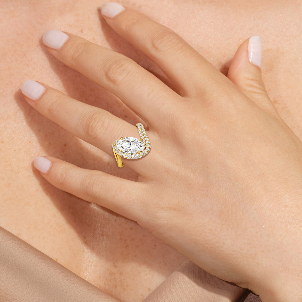 Model Wearing The Crest Engagement Ring with Lab Grown Diamond view