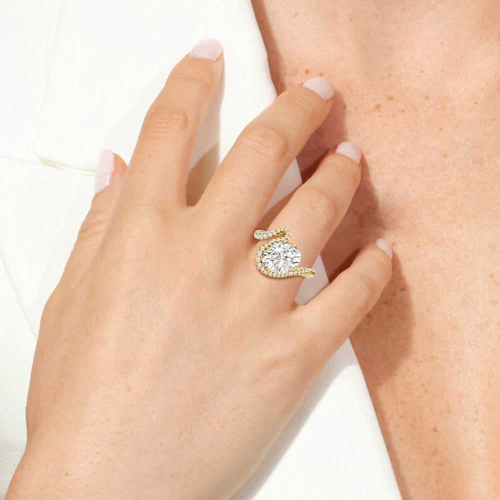 Model Wearing The Cascade Engagement Ring with Lab Grown Diamond view