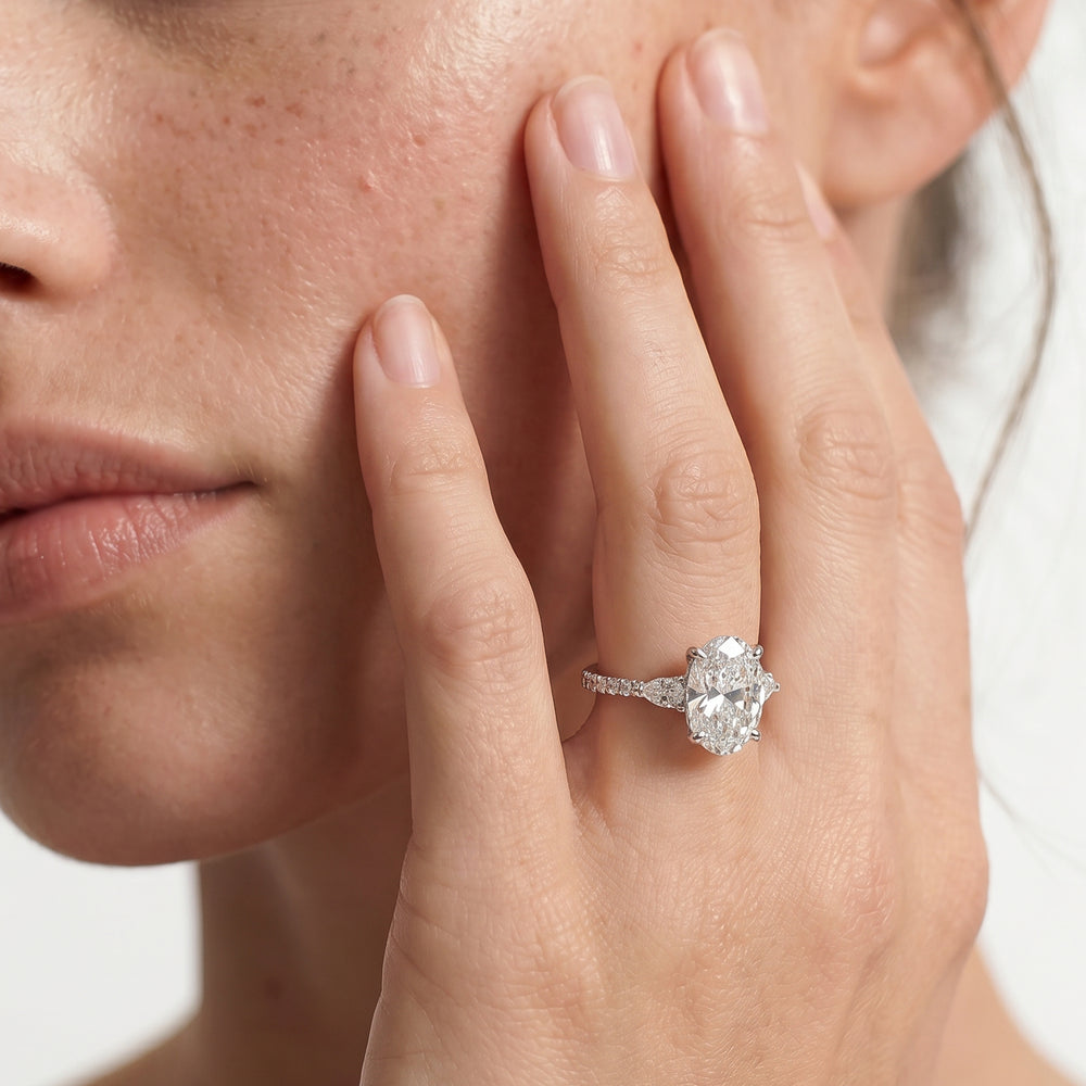Oval Cut The Cassatt Pear Three Stone Engagement Ring with Lab Grown Diamond in 14KT Platinum view 3
