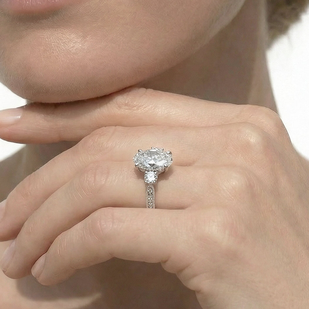 Emerald Cut The Seraphine Round Three Stone Ring with Lab Grown Diamond in 14KT Platinum view 4

