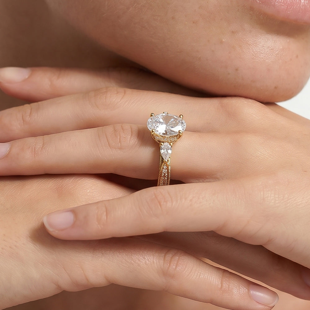 Round Cut The Chrysler Pear Three Stone Ring with Lab Grown Diamond in 14KT White & Yellow Gold view 3

