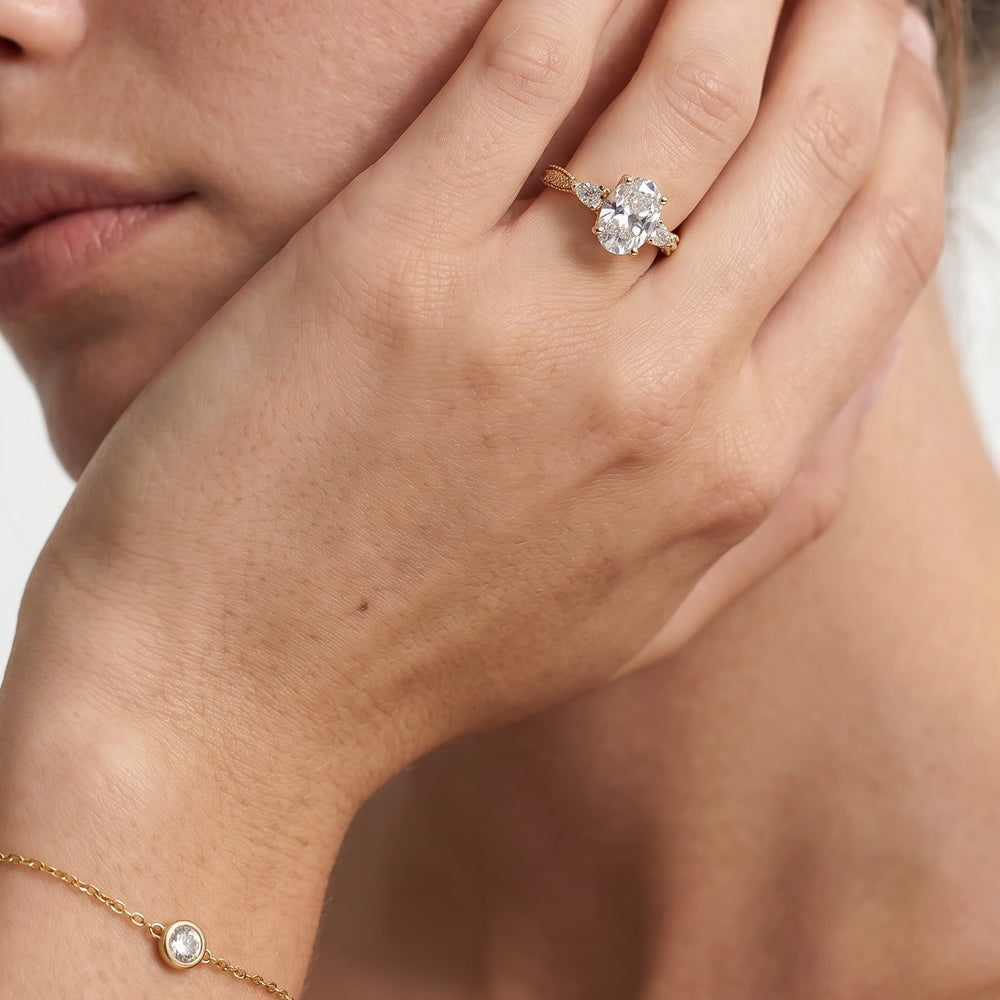 Round Cut The Chrysler Pear Three Stone Ring with Lab Grown Diamond in 14KT Rose Gold view 4

