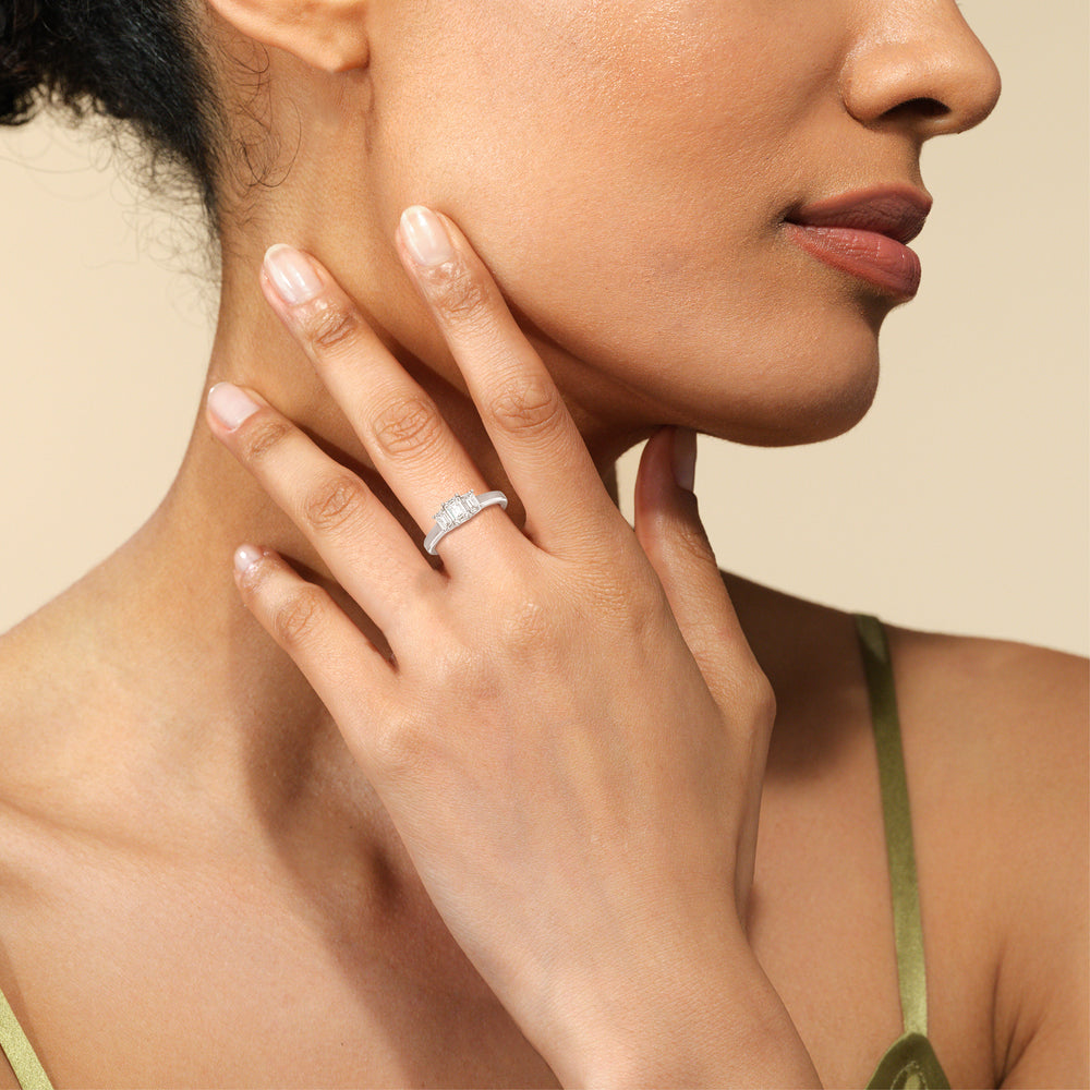 Three Stone Emerald Cut Diamond Ring with 18KT Rose Gold / Natural / 1 Cut Diamond in 14KT Rose Gold / Natural / 1 view 2
