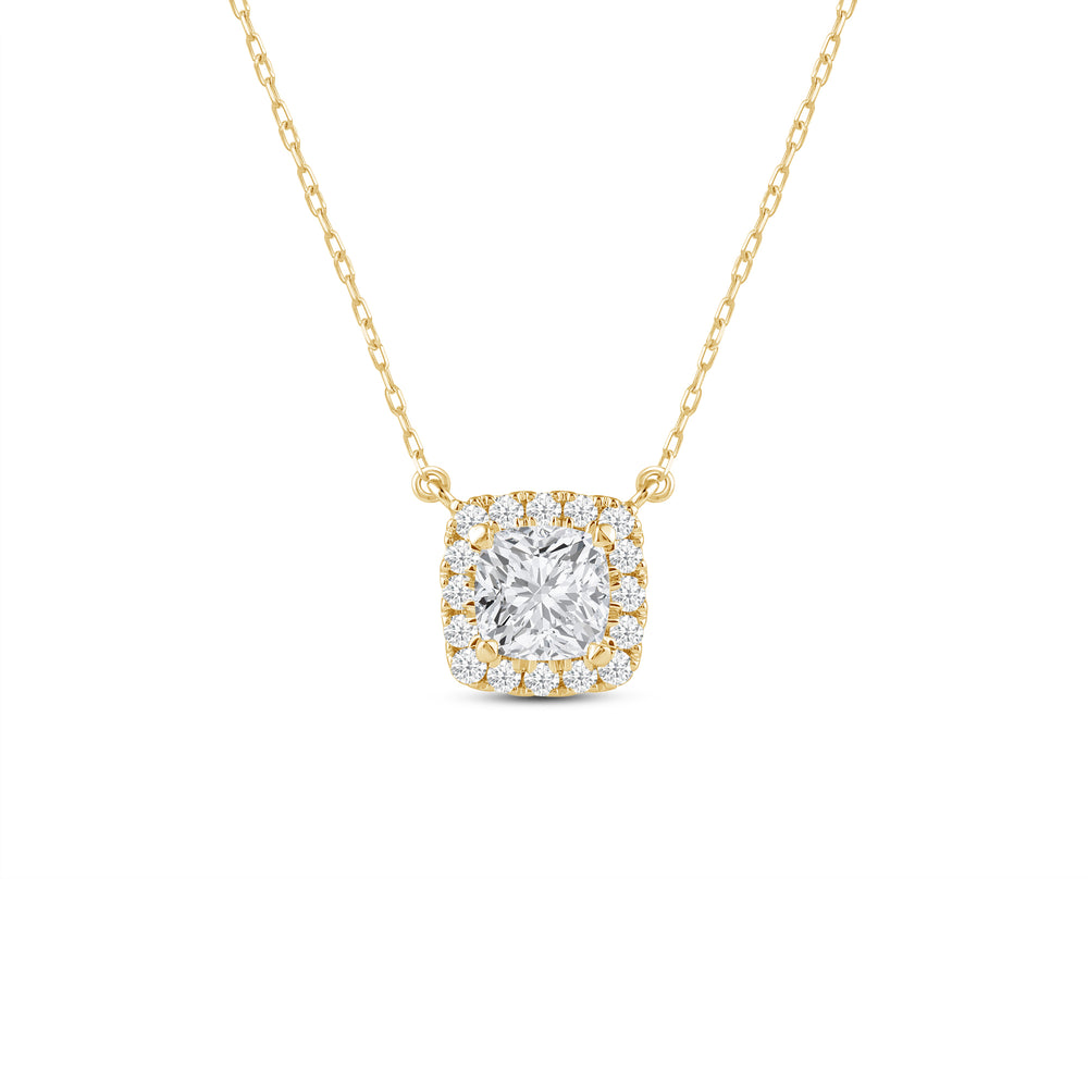 Halo Cushion Lab Created Diamond Necklace with 14KT Yellow Gold / Lab / 3/4 Cut Diamond in 14KT Yellow Gold / Lab / 3/4 view 1
