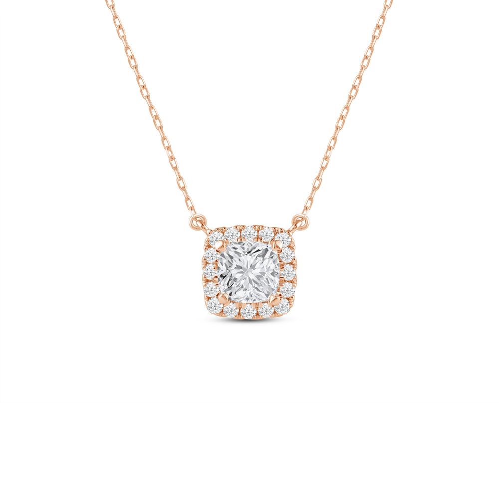 Halo Cushion Lab Created Diamond Necklace with 14KT Rose Gold / Lab / 3/4 Cut Diamond in 14KT Rose Gold / Lab / 3/4 view 1
