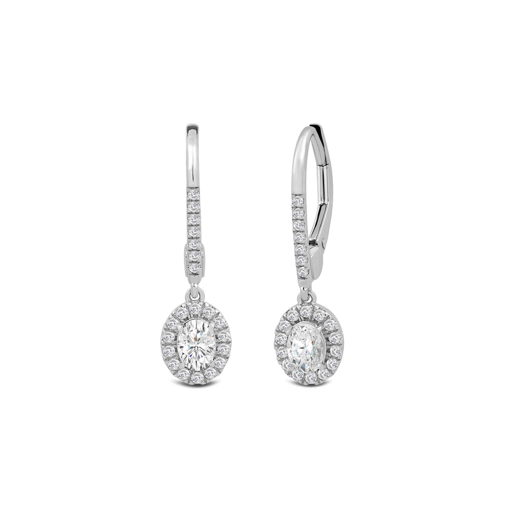 Halo Oval Drop Studded Lever Back Earrings with 14KT White Gold / Lab / 3/4 Cut Diamond in 14KT White Gold / Lab / 3/4 view 1
