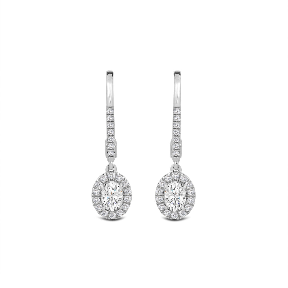 Halo Oval Drop Studded Lever Back Earrings with 14KT White Gold / Lab / 3/4 Cut Diamond in 14KT White Gold / Lab / 3/4 view 2
