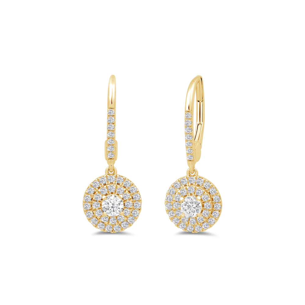 Double Halo Round Drop Studded Lever Back Earrings with 14KT Yellow Gold / Lab / 3/4 Cut Diamond in 14KT Yellow Gold / Lab / 3/4 view 1
