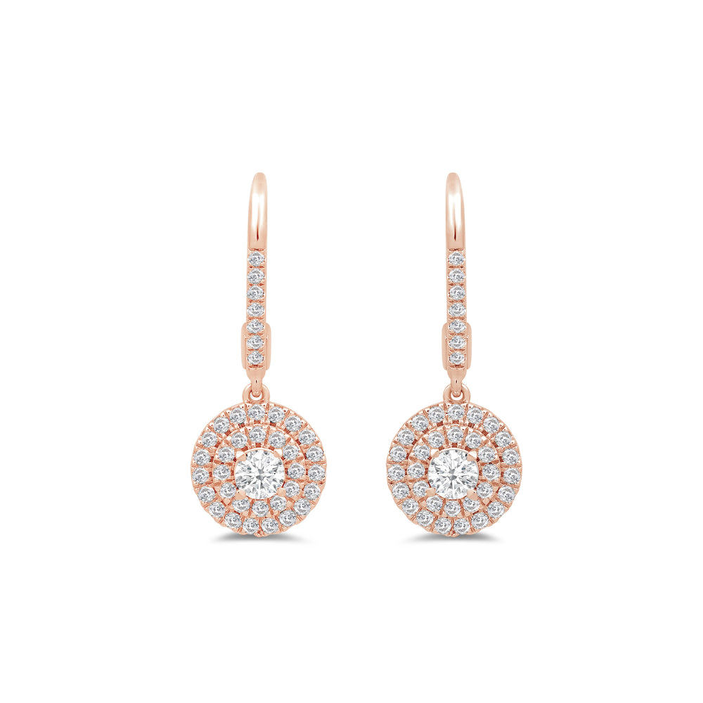 Double Halo Round Drop Studded Lever Back Earrings with 14KT Rose Gold / Lab / 3/4 Cut Diamond in 14KT Rose Gold / Lab / 3/4 view 2
