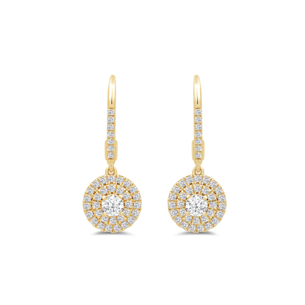 Double Halo Round Drop Studded Lever Back Earrings with 14KT Yellow Gold / Lab / 3/4 Cut Diamond in 14KT Yellow Gold / Lab / 3/4 view 2
