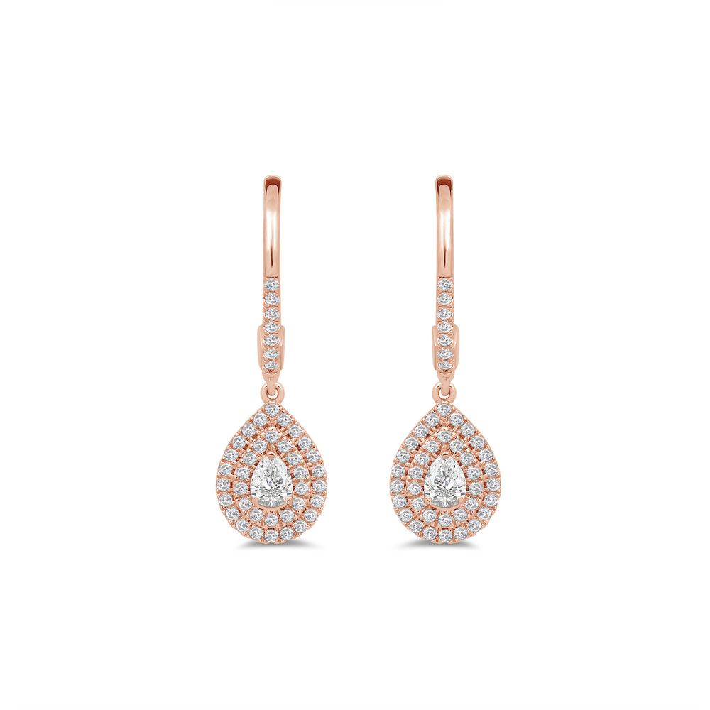 Double Halo Pear Drop Studded Lever Back Earrings with 14KT Rose Gold / Lab / 3/4 Cut Diamond in 14KT Rose Gold / Lab / 3/4 view 2
