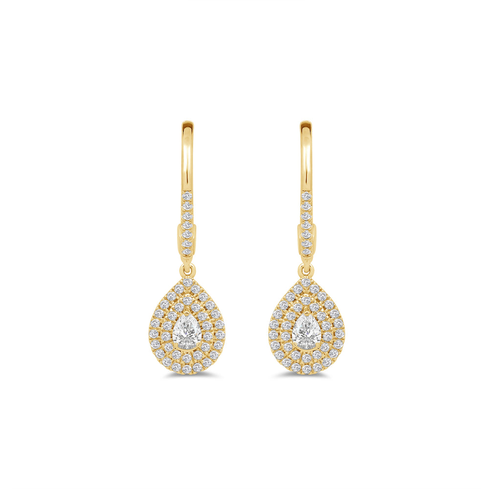 Double Halo Pear Drop Studded Lever Back Earrings with 14KT Yellow Gold / Lab / 3/4 Cut Diamond in 14KT Yellow Gold / Lab / 3/4 view 2
