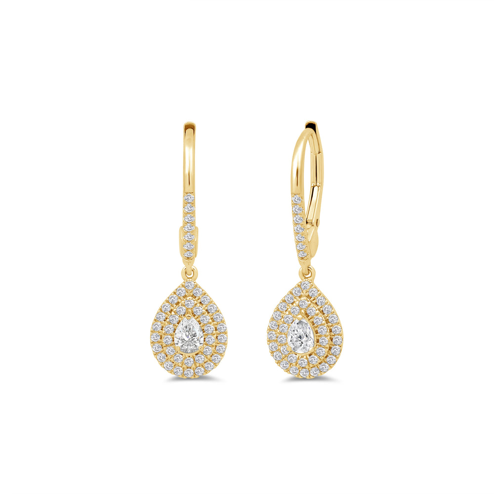 Double Halo Pear Drop Studded Lever Back Earrings with 14KT Yellow Gold / Lab / 3/4 Cut Diamond in 14KT Yellow Gold / Lab / 3/4 view 1
