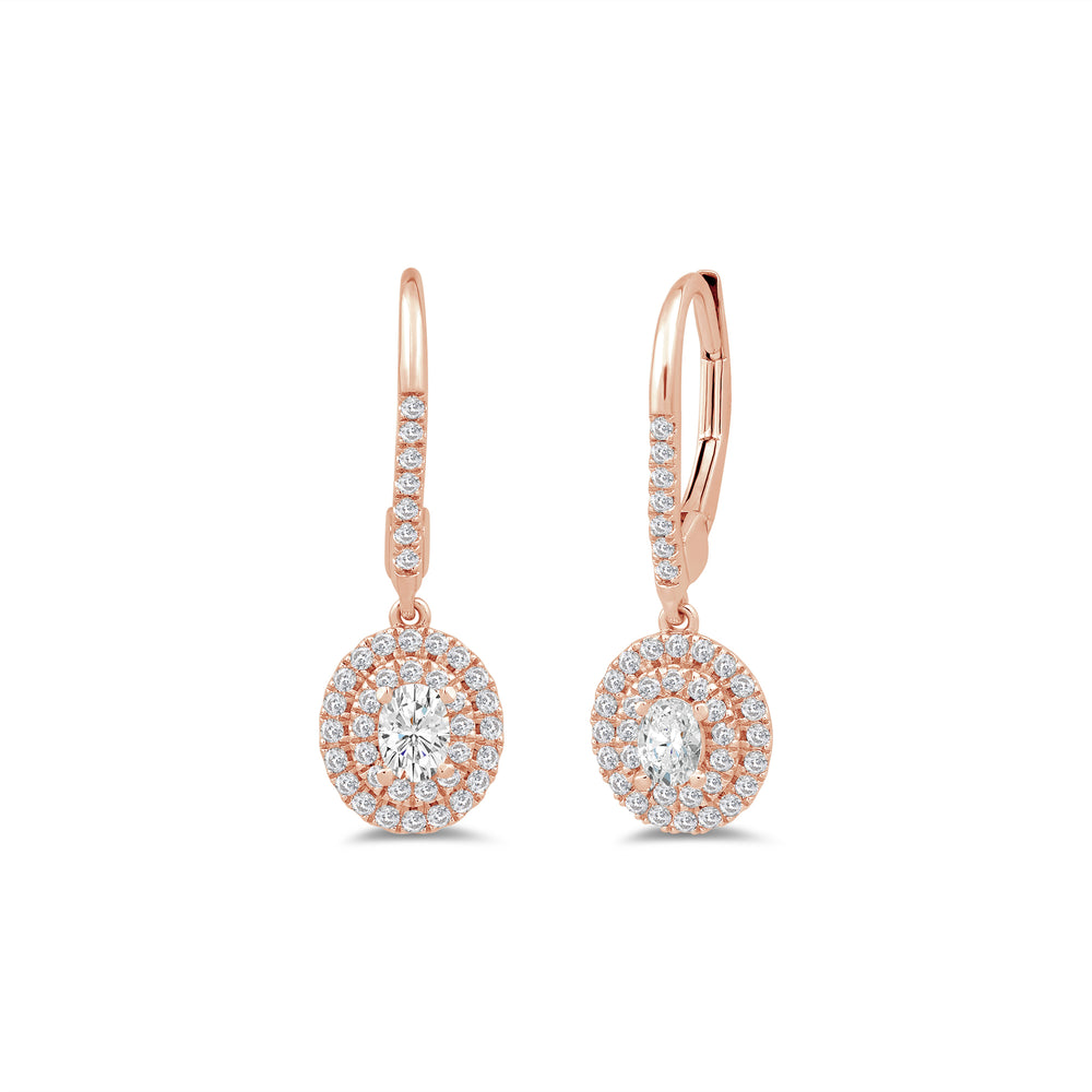 Double Halo Oval Drop Studded Lever Back Earrings with 14KT Rose Gold / Lab / 3/4 Cut Diamond in 14KT Rose Gold / Lab / 3/4 view 1
