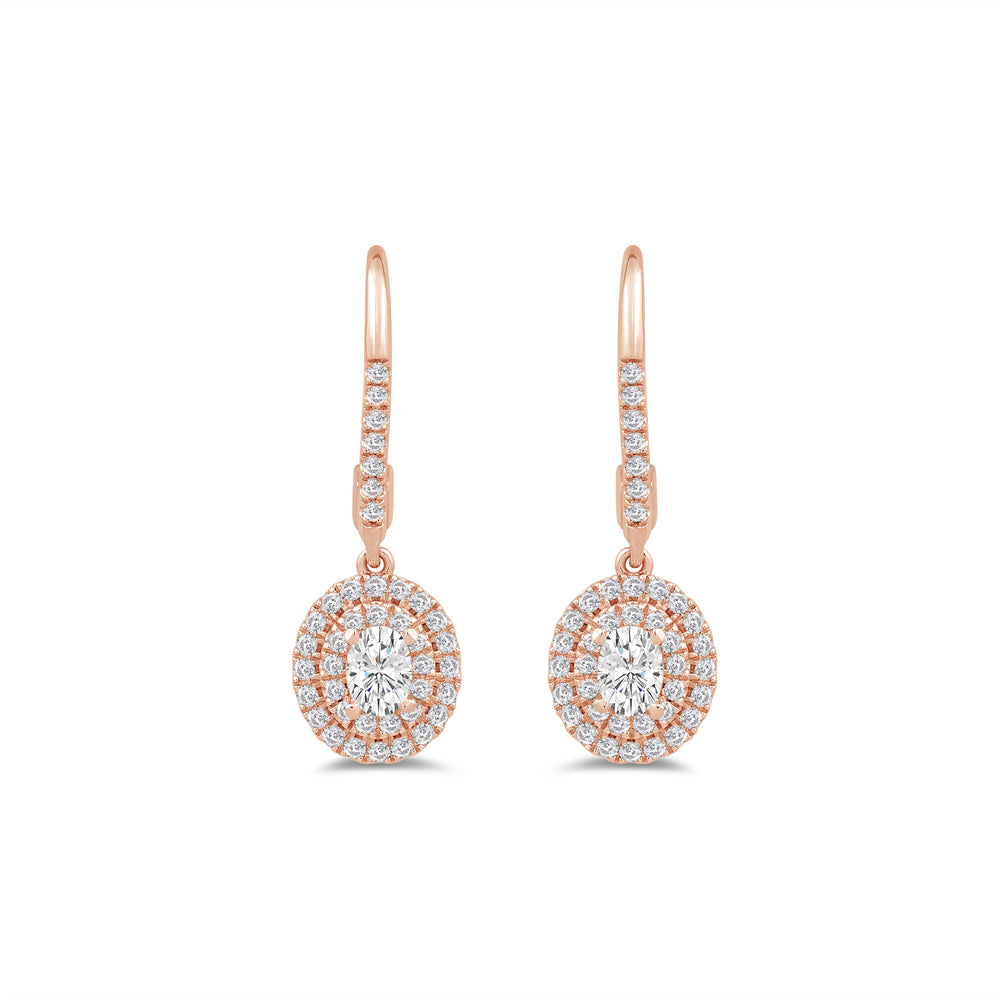 Double Halo Oval Drop Studded Lever Back Earrings with 14KT Rose Gold / Lab / 3/4 Cut Diamond in 14KT Rose Gold / Lab / 3/4 view 2
