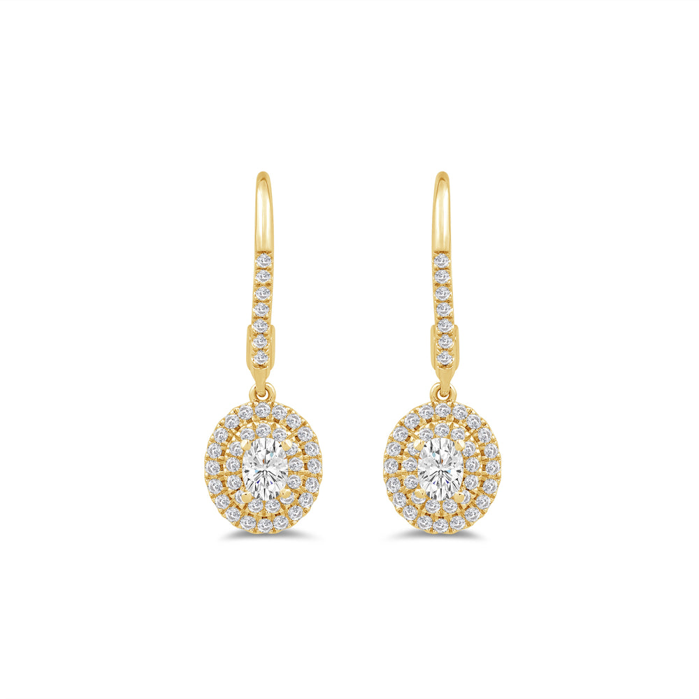 Double Halo Oval Drop Studded Lever Back Earrings with 14KT Yellow Gold / Lab / 3/4 Cut Diamond in 14KT Yellow Gold / Lab / 3/4 view 2
