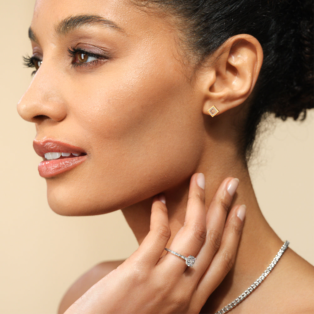 Model Wearing Kite Shape Diamond Accent Earrings (14KT Yellow Gold - 1/8 CTW) view