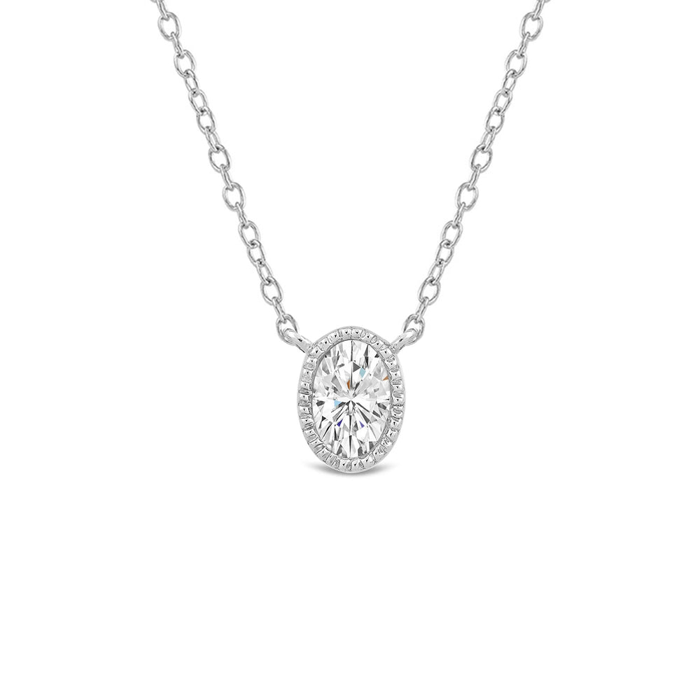 Milgrain Bezel Set Oval Lab Created Diamond Solitaire Necklace with 14KT White Gold / Lab / 1/2 Cut Diamond in 14KT White Gold / Lab / 1/2 view 4
