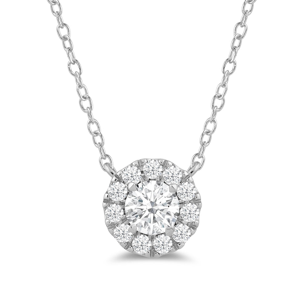 Halo Round Lab Created Diamond Necklace with 14KT White Gold / Lab / 3/4 Cut Diamond in 14KT White Gold / Lab / 3/4 view 3
