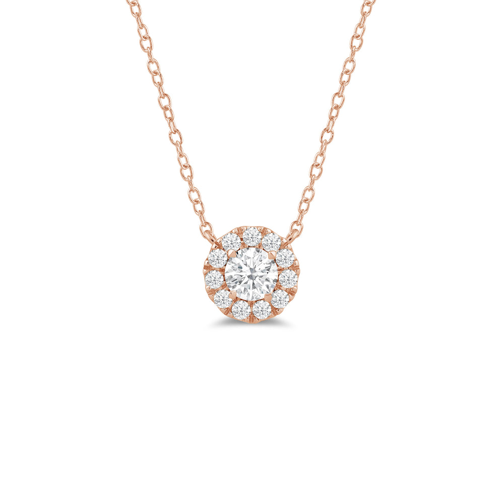 Halo Round Lab Created Diamond Necklace with 14KT Rose Gold / Lab / 3/4 Cut Diamond in 14KT Rose Gold / Lab / 3/4 view 1
