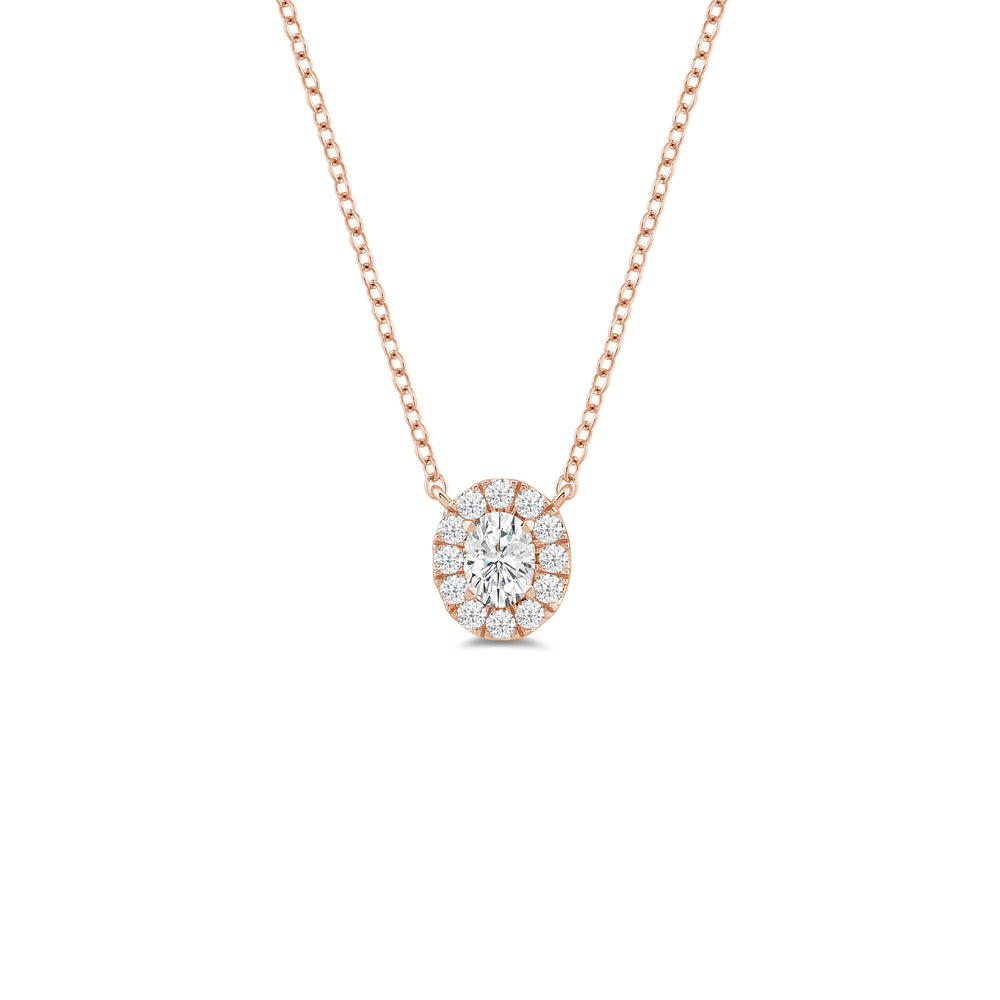 Halo Oval Lab Created Diamond Necklace with 14KT Rose Gold / Lab / 3/4 Cut Diamond in 14KT Rose Gold / Lab / 3/4 view 1
