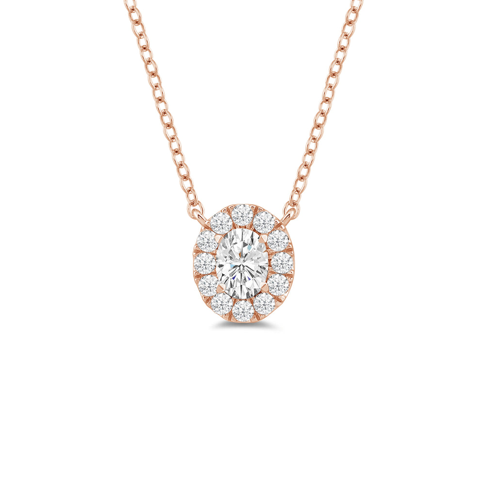 Halo Oval Lab Created Diamond Necklace with 14KT Rose Gold / Lab / 3/4 Cut Diamond in 14KT Rose Gold / Lab / 3/4 view 4
