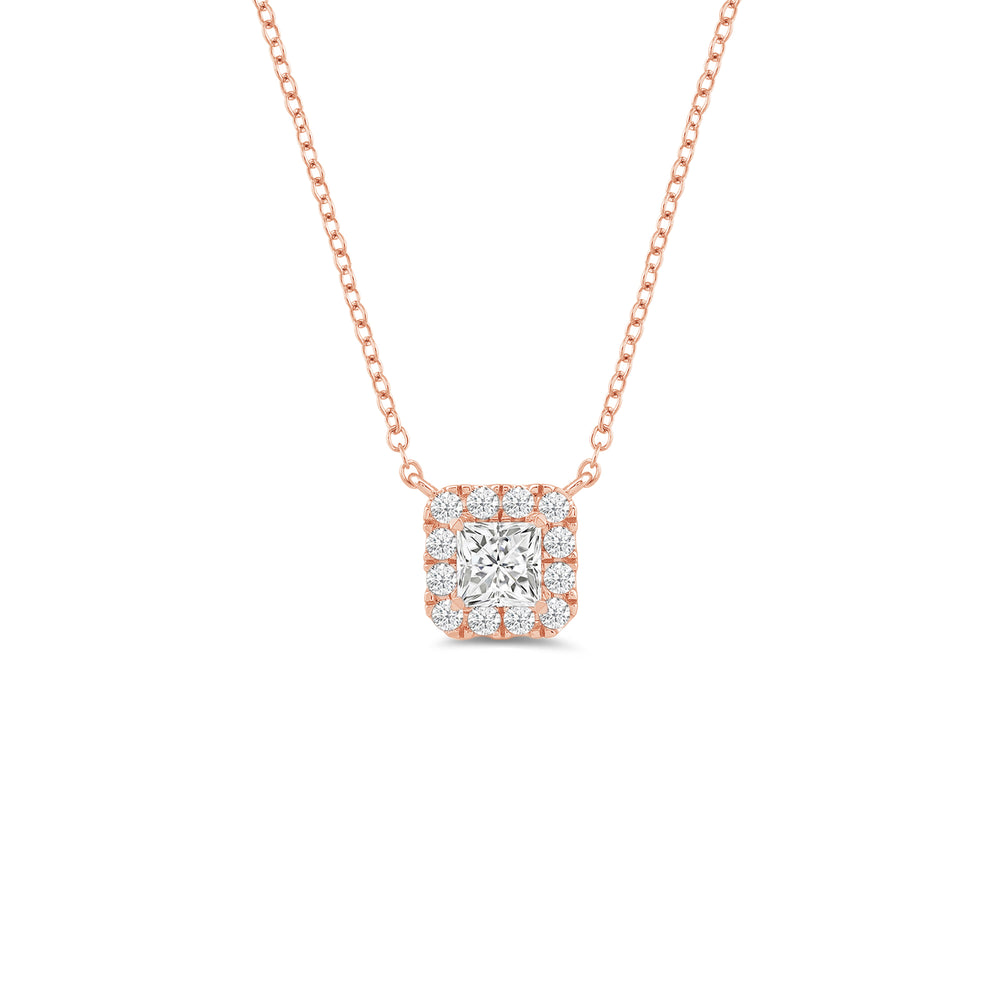 Halo Princess Lab Created Diamond Necklace with 14KT Rose Gold / Lab / 3/4 Cut Diamond in 14KT Rose Gold / Lab / 3/4 view 1
