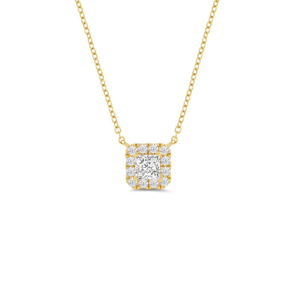 Halo Princess Lab Created Diamond Necklace with 14KT Yellow Gold / Lab / 3/4 Cut Diamond in 14KT Yellow Gold / Lab / 3/4 view 1
