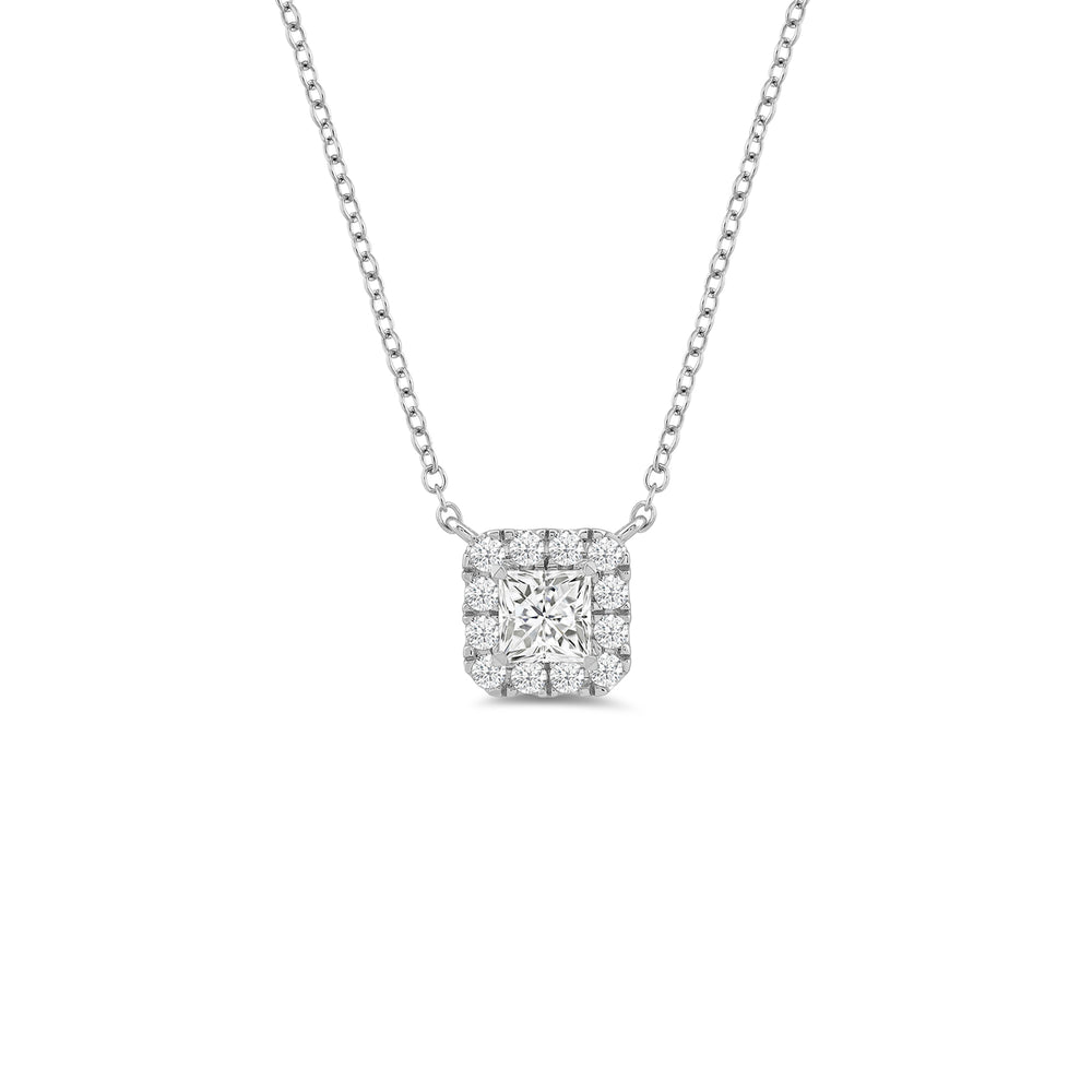 Halo Princess Lab Created Diamond Necklace with 14KT White Gold / Lab / 3/4 Cut Diamond in 14KT White Gold / Lab / 3/4 view 1
