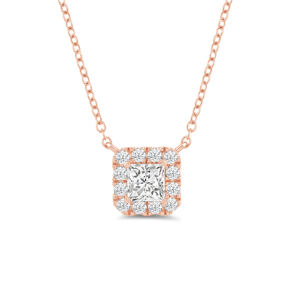 Halo Princess Lab Created Diamond Necklace with 14KT Rose Gold / Lab / 3/4 Cut Diamond in 14KT Rose Gold / Lab / 3/4 view 4

