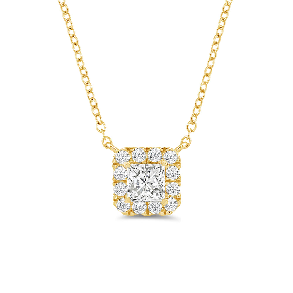 Halo Princess Lab Created Diamond Necklace with 14KT Yellow Gold / Lab / 3/4 Cut Diamond in 14KT Yellow Gold / Lab / 3/4 view 4
