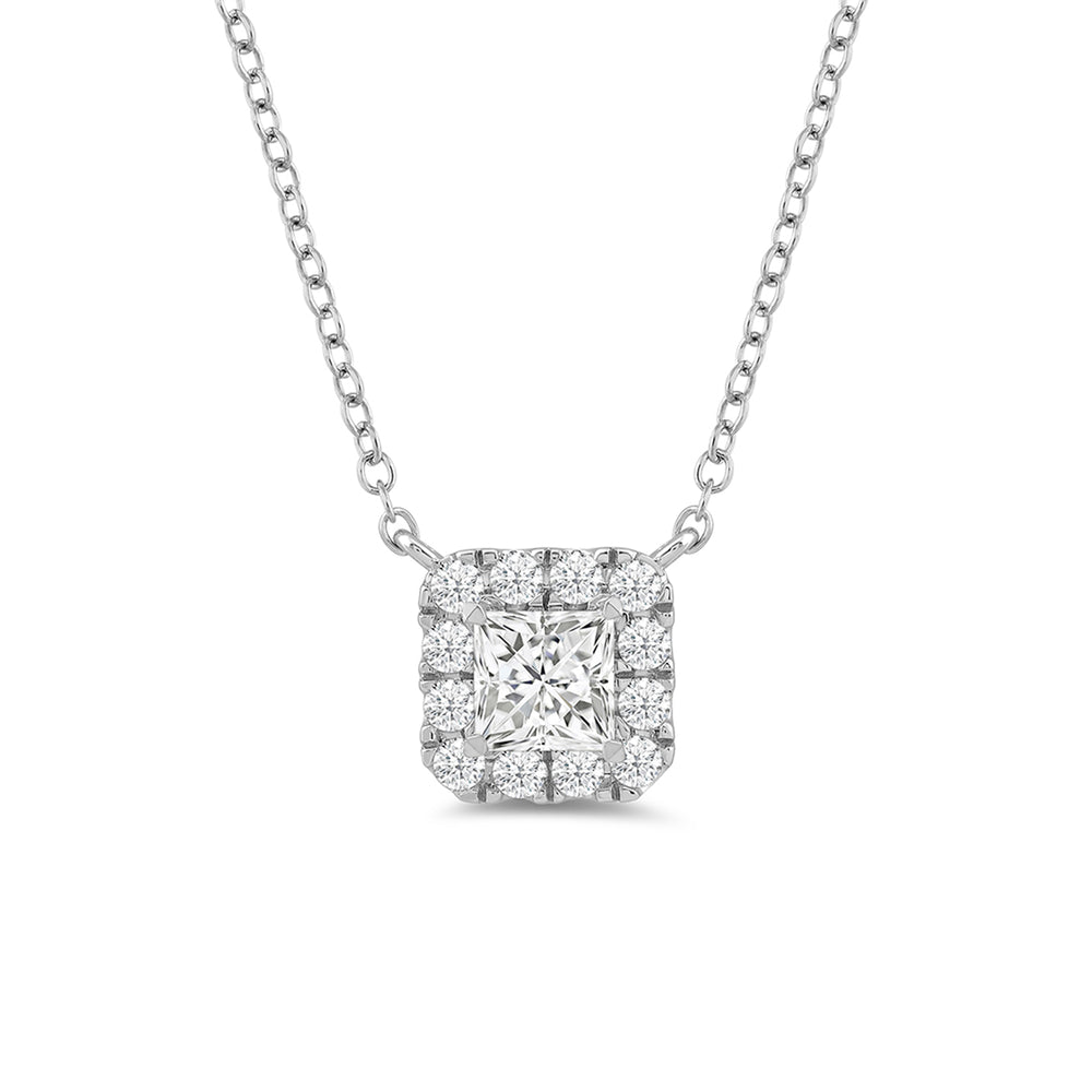 Halo Princess Lab Created Diamond Necklace with 14KT White Gold / Lab / 3/4 Cut Diamond in 14KT White Gold / Lab / 3/4 view 4
