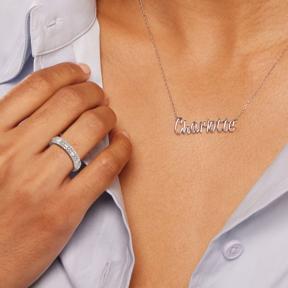 Model Wearing Baguette and Round Two Row Fashion Diamond Ring view