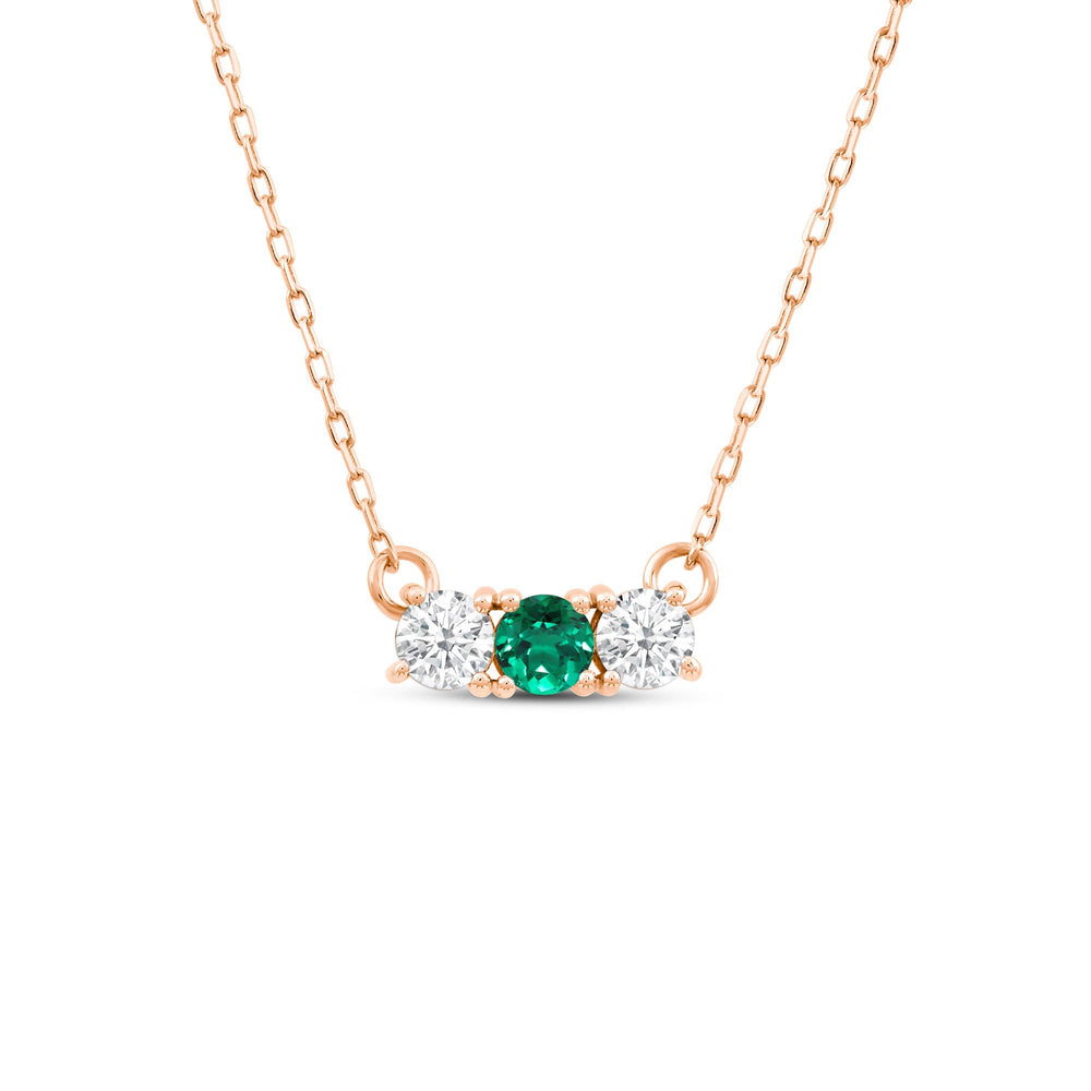 Emerald and Diamond Dainty Three Stone Necklace with 14KT Rose Gold Cut Diamond in 14KT Rose Gold view 1
