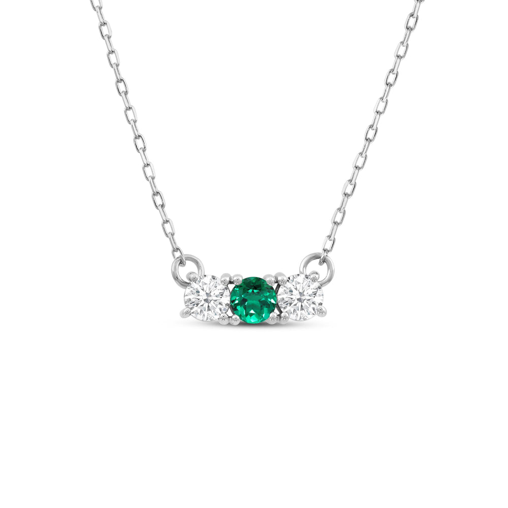 Emerald and Diamond Dainty Three Stone Necklace with 14KT White Gold Cut Diamond in 14KT White Gold view 1
