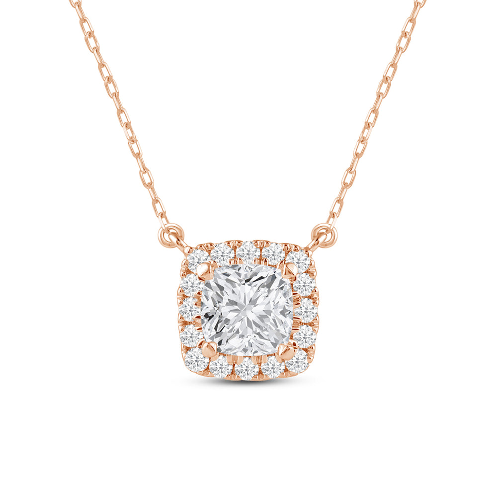 Halo Cushion Lab Created Diamond Necklace with 14KT Rose Gold / Lab / 3/4 Cut Diamond in 14KT Rose Gold / Lab / 3/4 view 4
