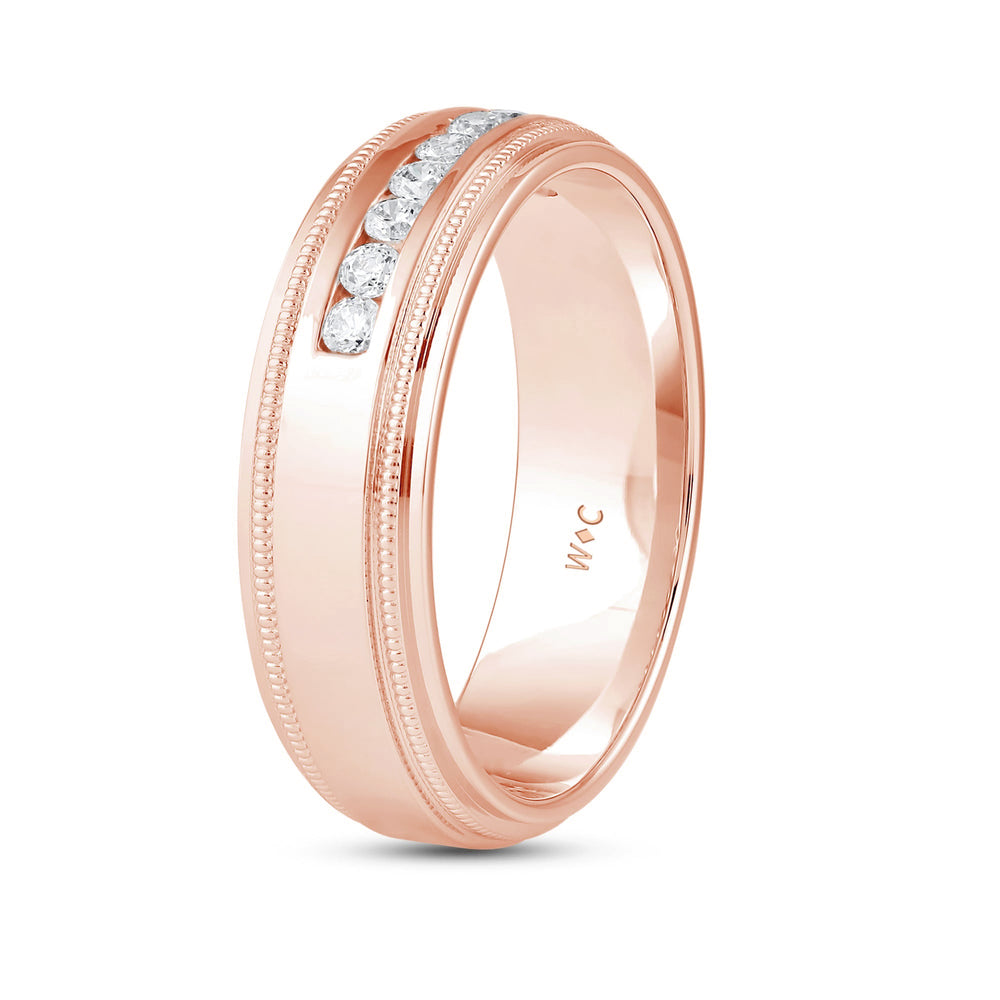 Channel Set Milgrain Stepped Edge Classic Men's Band with 14KT Rose Gold / Lab / 1/4 Cut Diamond in 14KT Rose Gold / Lab / 1/4 view 4
