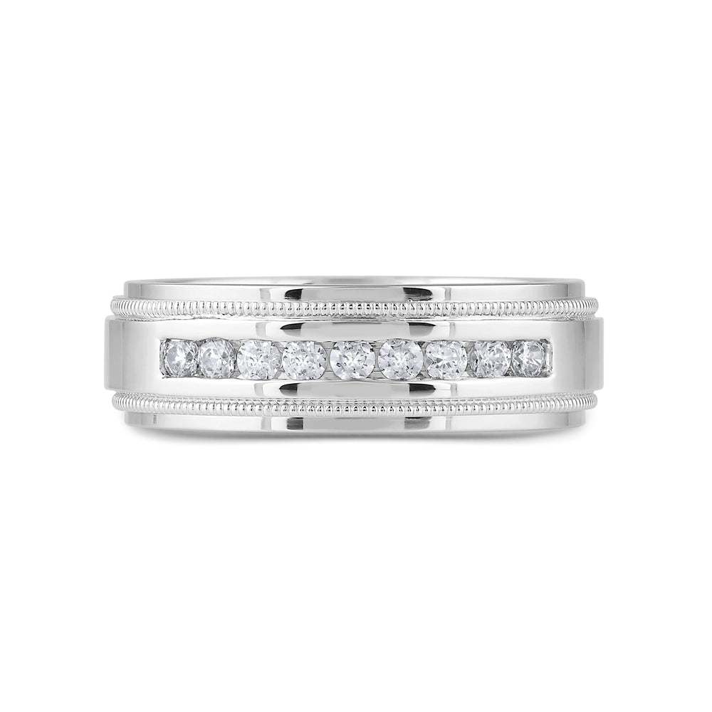 Channel Set Milgrain Stepped Edge Classic Men's Band with 14KT White Gold / Lab / 1/3 Cut Diamond in 14KT White Gold / Lab / 1/3 view 1
